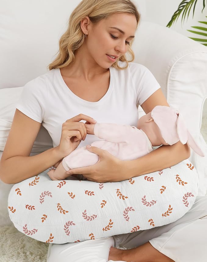 Nursing Pillow Covers 2 Pack, Muslin Nursing Cover for Breastfeeding Pillows, Comfortable for Baby Girls and Boys (Brick & Leaf)