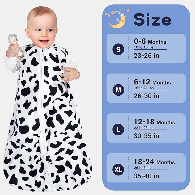 Baby Sleep Sack 6-12 Months Baby Wearable Blanket 100% Rayon Cotton 2-Way Zipper Toddler Sleeping Sack,Comfy Soft Lightweight TOG 0.3(Cow Print)