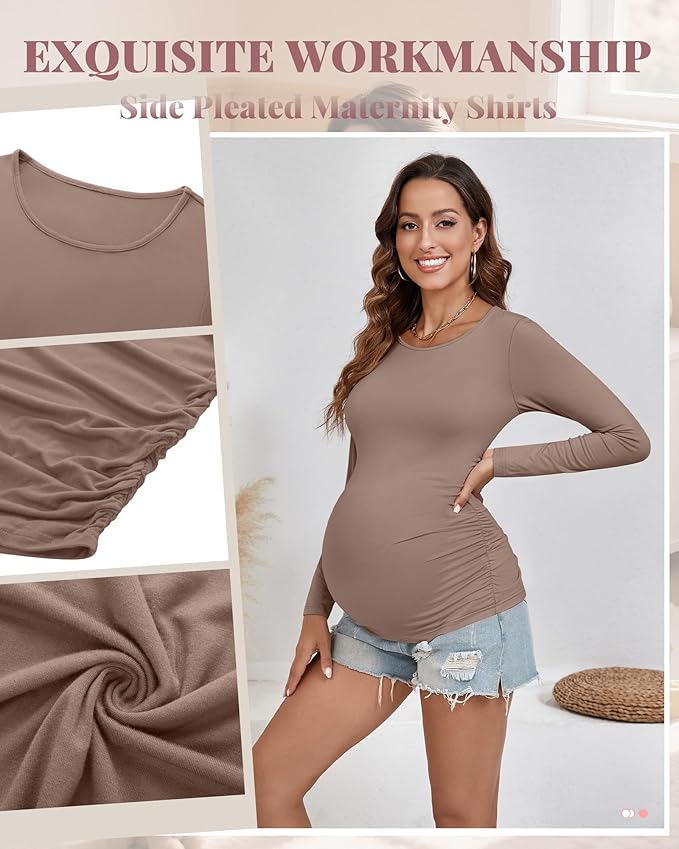 Ficerd 3 Pack Women's Maternity Shirts, Long Sleeve Side Ruched Pregnancy Tee Tops Crew Neck Casual Mama Clothes Basic Tunic
