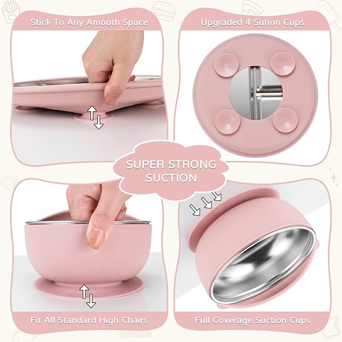 Toddler Plates and Bowls Set Stainless Steel - Bathchef Baby Feeding Set Strong Suction, BPA Free Durable Divided Plates, Safe Self Baby Feeding Utensils,Cup,Spoon,Fork,Dishwasher Safe,6pcs,Pink