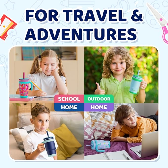 Tronco 14 oz Kids Insulated Tumbler with Handle & Spill Resistant Flexible Straw, BPA-Free Stainless Steel Toddler Cups with Lids, Splash-Proof Kid Drinking Cup Travel Mugs, Easy to Clean