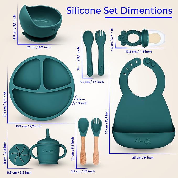 Silicone Baby Feeding Set โ 10 Pcs Baby Led Weaning Supplies & Self Feeding Kit | Toddler Plates and Bowls Set, Bib, Fruit Feeder, Cup, Spoons & Forks โ Empower Independence with LimeOr -Green Spruce