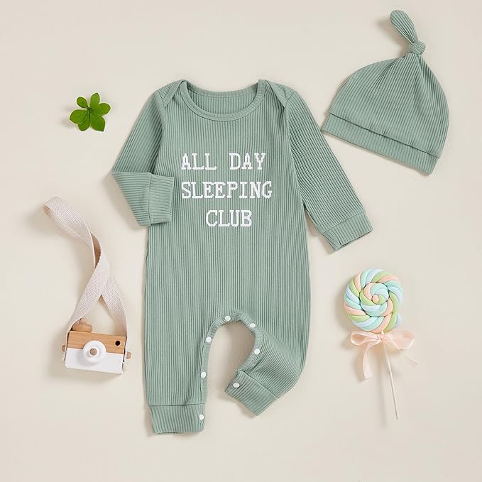 Fernvia Newborn Baby Boy Clothes Letters Print Bodysuit 3 6 9 12 18 Months Long Sleeve Jumpsuit with Hat 2PCS Outfits Set
