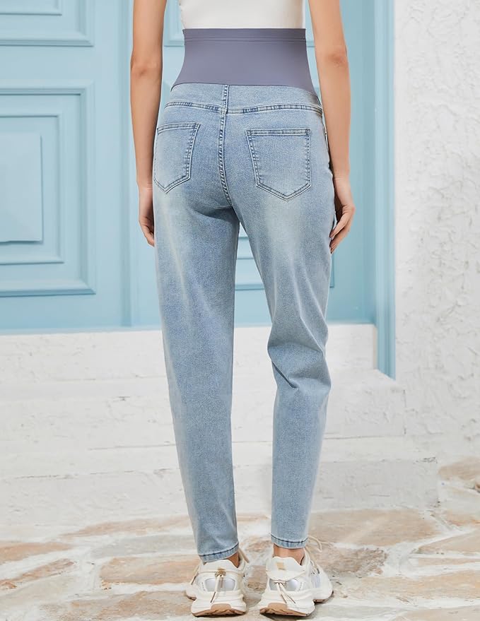 POSHGLAM Women's Maternity Jeans Over Belly Comfy Stretch 28'' Boyfriend Jeans Loose Pregnancy Pants, S-XXL