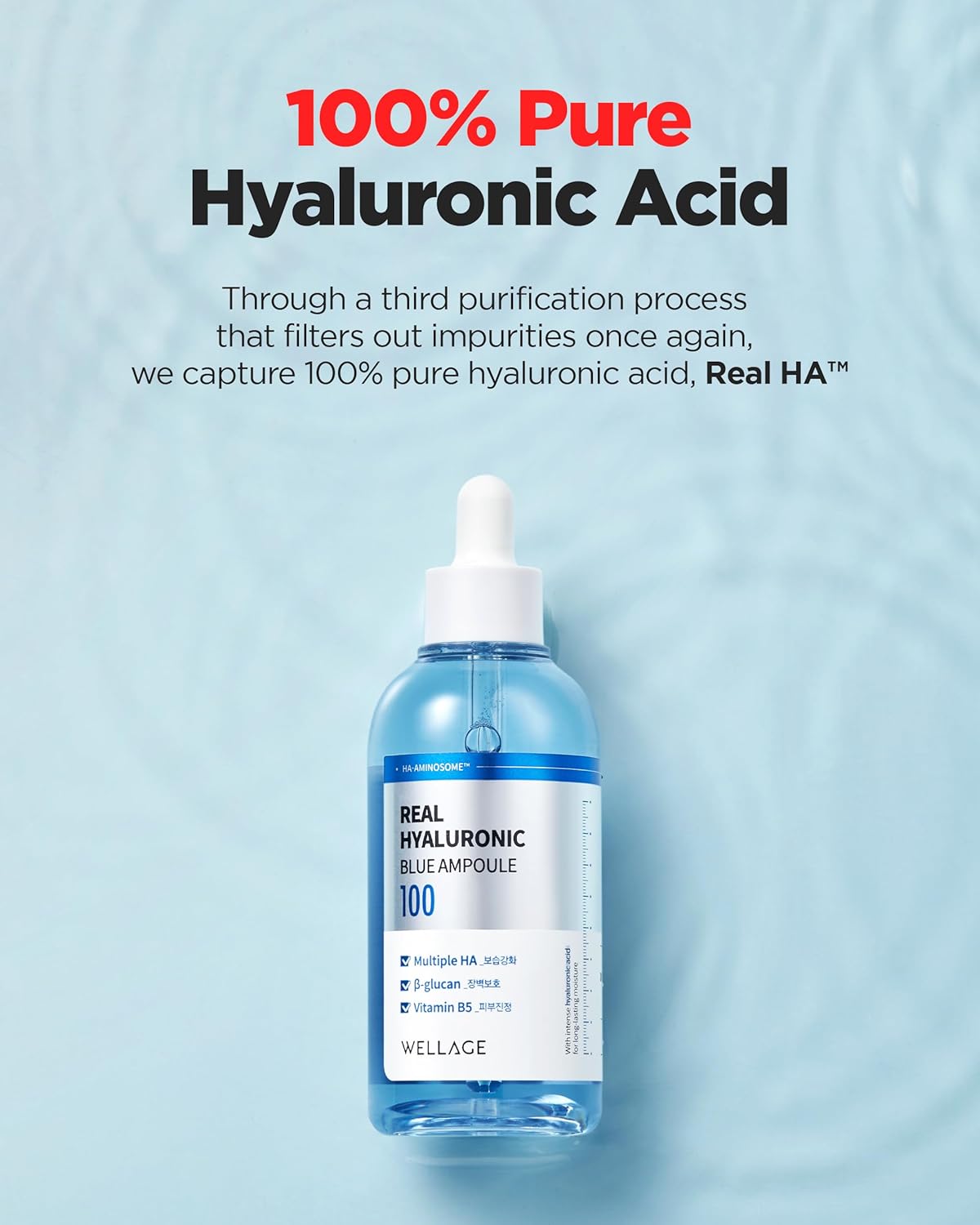 WELLAGE Real Hyaluronic Blue Ampoule 100, Korean Serum, Fragrance Free Hyaluronic Acid Ampoule with Panthenol, Wild yam, Centella for Sensitive Dry Skin Moisturizer 2.54 fl.oz