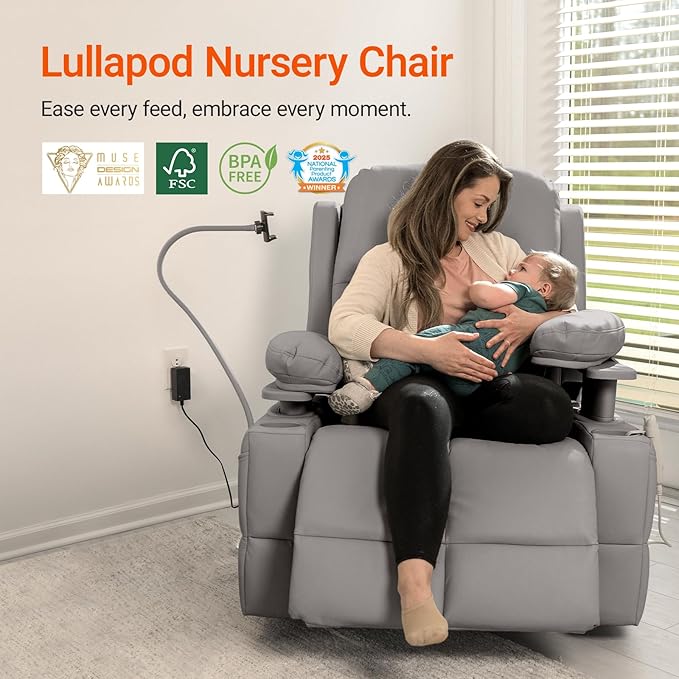 MAMAZING Oversized Rocking Chair Nursery with Adjustable Armrests, Electric Glider Recliner Nursing Chair for Breastfeeding, Power Swivel Recliner Chairs, Oeko-TEX & FSC Certified(Urban Gray)