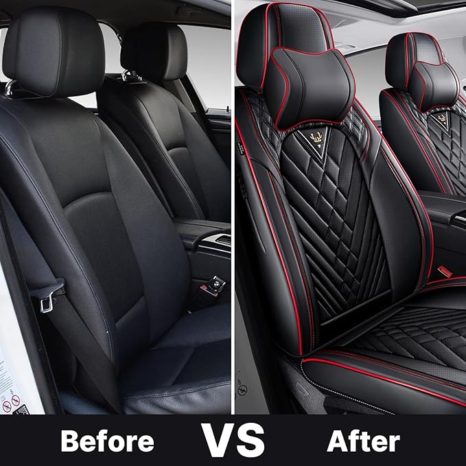 Universal Leather Seat Covers for Cars - Auto Seat Protector with Headrest, Wear-Resistant Car Seat Cushion (Black & Red, 2 Seats)
