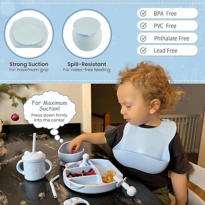 JEVASO Silicone Baby Feeding Set, Baby Led Weaning Supplies, Baby Self Feeding Essentials Suction Bowl Divided Plate Baby Bibs Spoons Forks Sippy Cup Teether, Toddler Eating Utensils for 6+ Months