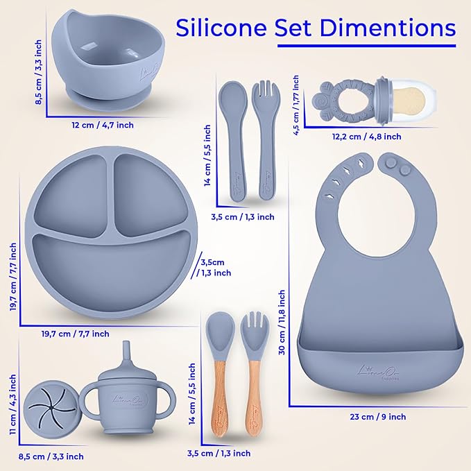 Silicone Baby Feeding Set β 10 Pcs Baby Led Weaning Supplies & Self Feeding Kit | BPA-Free Toddler Plates and Bowls Set, Bib, Fruit Feeder, Cup, Spoons & Forks β Empower Independence with LimeOr -Gray
