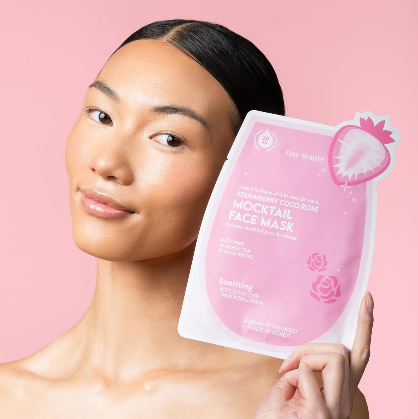 ESW Beauty Strawberry Coco Rosé Soothing Face Mask - Hydrating, Calming, Vegan Face Mask with Coconut Water, Green Tea, & Strawberry Extract for Sensitive Skin