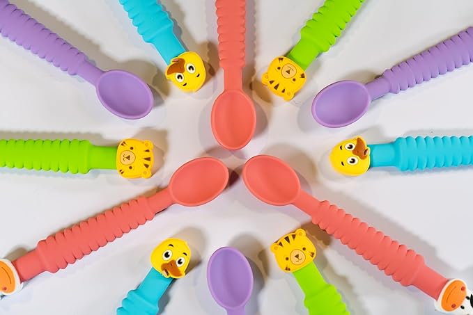 3-in-1 Silicone Baby Spoon Self Feeding 6+ Months - Pediatric OT Designed Teether Spoon, BPA Free Toddler Utensils, Mess-Free, Fun for Baby Led Weaning Supplies, Duck & Tiger