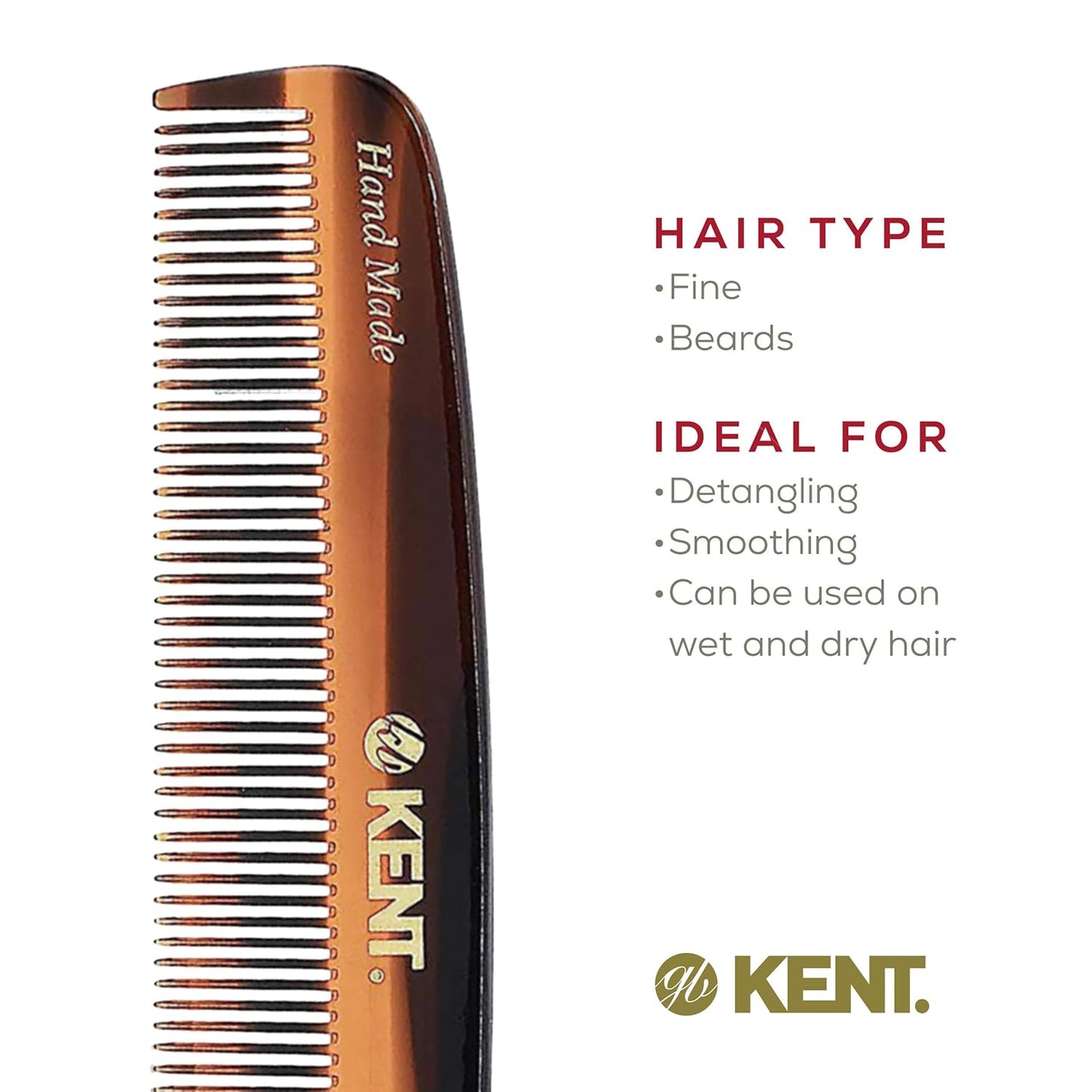 Kent 7T Handmade All Fine Tooth Pocket Comb for Men, Hair Comb Straightener for Everyday Grooming Styling Hair, Mustache and Beard, Use Dry or with Balms, Saw Cut and Hand Polished, Made in England