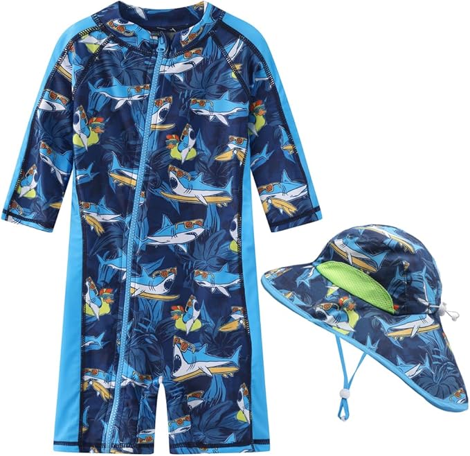 Toddler Baby Boys Swimsuit Rashguard One Piece Zipper Bathing Suit with Sun Hat Infant Swimwear Sunsuit UPF 50+