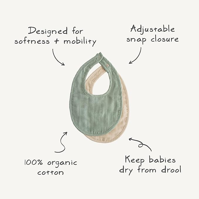 mushie Muslin Baby Bib | Soft Cotton for Infant Drips, Drools & Feedings | Adjustable Fit | 2 Pack