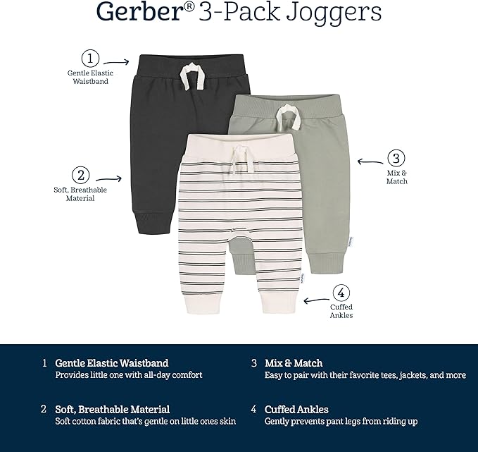 Gerber Baby-Boys Toddler 3-Pack Jogger Pants