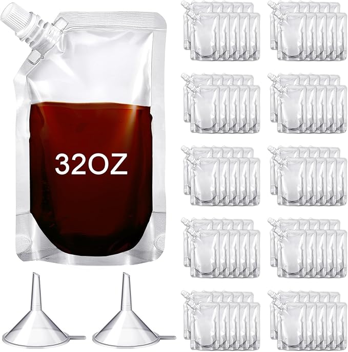 Meanplan 100 Pcs Plastic Pouches Bulk Reusable Squeeze Pouches Clear Plastic Juice Leak Proof Bags with Funnel for Party Favors Supplies(32 oz,Inclined Mouth)