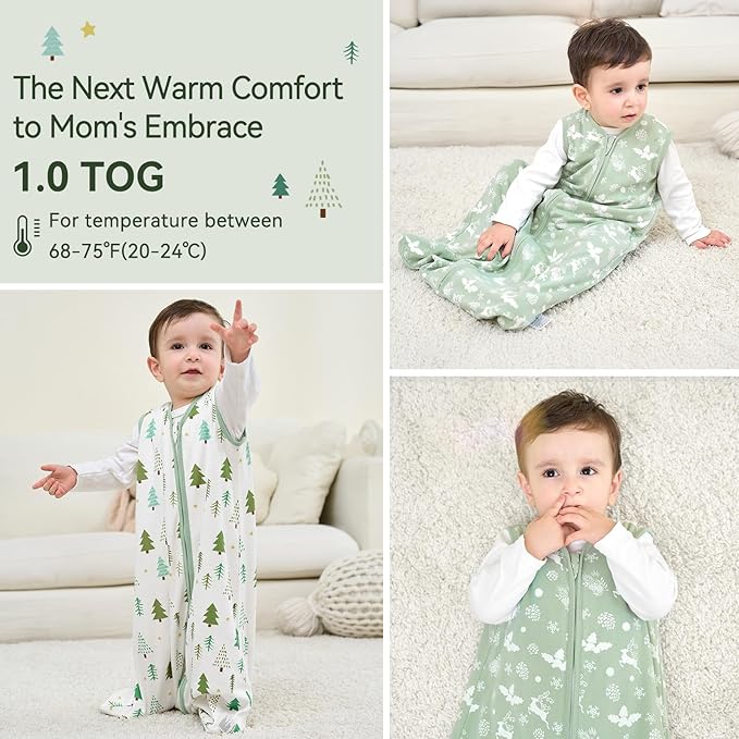 Baby Sleep Sack 18-24 Months 1.0 Tog Baby Wearable Blanket 100% Cotton Sleeping Sack with 2-Way Zipper for Toddler Infant Green Tree