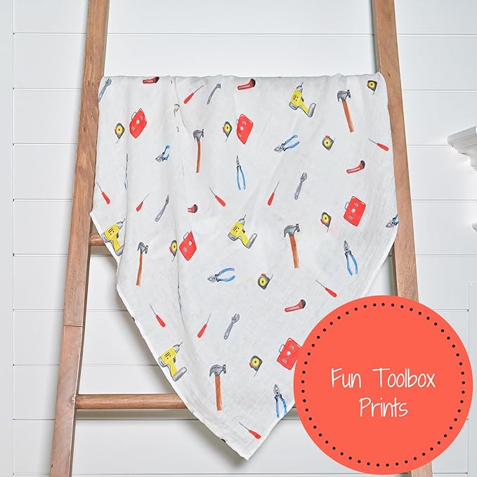 LollyBanks Muslin Swaddle Blankets, Soft Cotton Muslin Baby Blanket, 47 x 47 Inches Newborn Swaddle, Baby Boy Essentials, Registry (Tool Box Print)