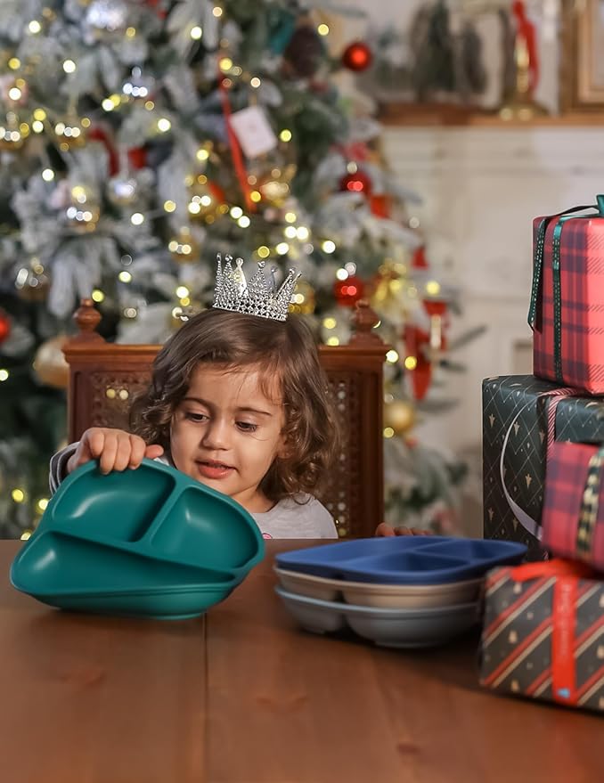 BABELIO Powerful Suction Plates for Baby & Toddler, 100% Food Grade Silicone, Divided, BPA Free, Microwave & Dishwasher Safe