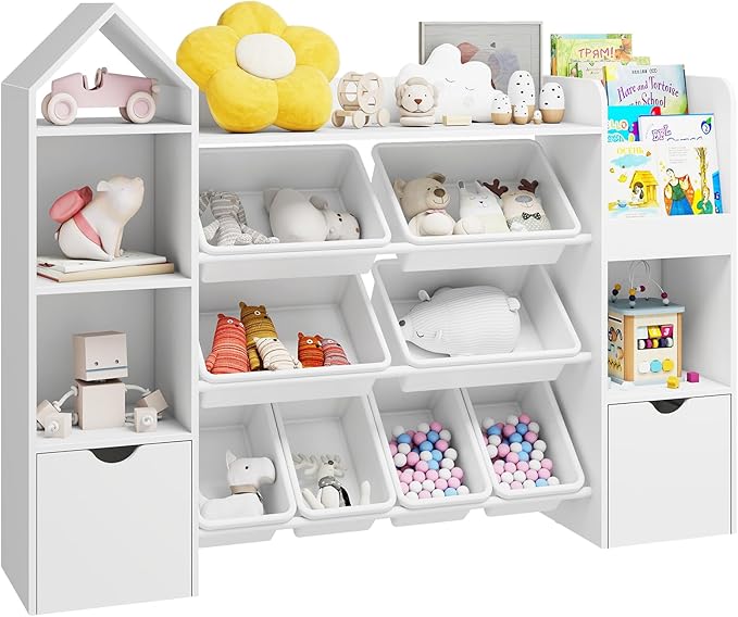 Vabches Kids Toy Organizer with 8 Removable Toy Bins, 4-Tier Toy Storage Organizers W/4 Storage Cubbies, Bookshelf 2 Toy Storage Box on Wheels for Playroom, Kids Room, Nursery Room, White