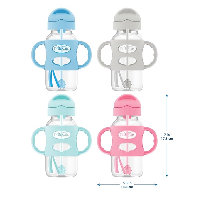 Dr. Brown's Milestones Wide-Neck Sippy Straw Bottle with 100% Silicone Handles and Weighted Straw, 9 oz/270 mL, Gray & Green, 6m+ (Pack of 6)