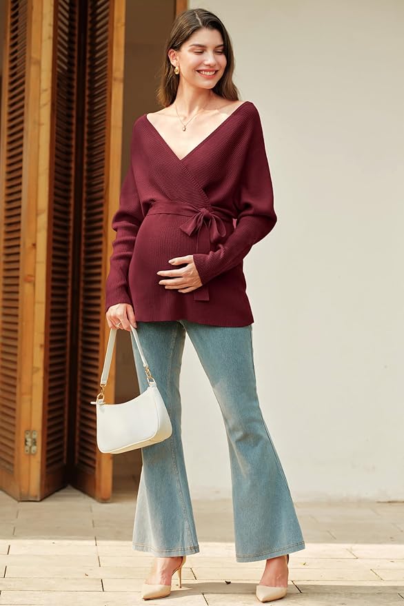OUGES Womens Soft Cotton Blend Maternity Sweater Wrap V Neck Long Sleeve V Back Fall Shirts Pregnancy Outfits with Belt