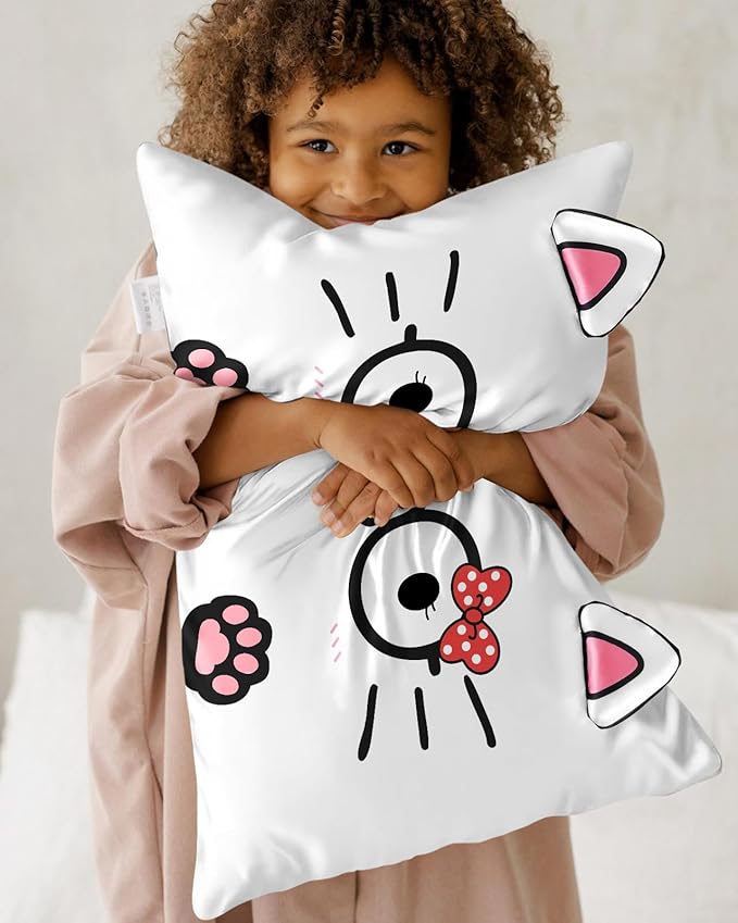 Toddler Pillowcases 13"x18" for Kids - Cute Cartoon Soft Breathable Silk Pillow Cases for Hair and Skin with Hidden Zipper for Girls Fun Kawaii Design for Bedding, Glasses Cat