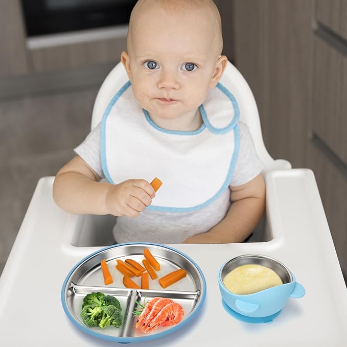 Stainless Steel Baby Plate and Bowls with Suction, Divided Kids Baby Plate and Toddler Bowl with Removable Silicone Suction, Non-Slip Baby Feeding Set Dishwasher Safe,4 Packs