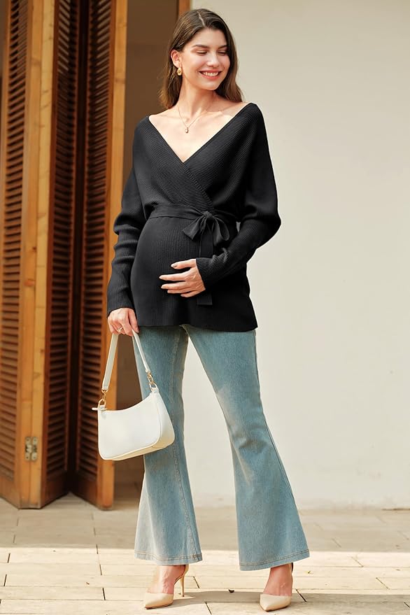 OUGES Womens Soft Cotton Blend Maternity Sweater Wrap V Neck Long Sleeve V Back Fall Shirts Pregnancy Outfits with Belt