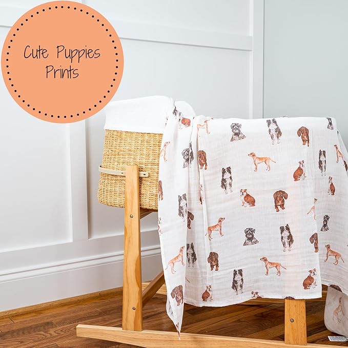 LollyBanks Swaddle Blanket, 100% Cotton Muslin Swaddle Blankets, Neutral Swaddle Blanket 47 x 47 Inches, Baby Blanket for Boys and Girls, Baby Essentials, Registry (Dogs Print)
