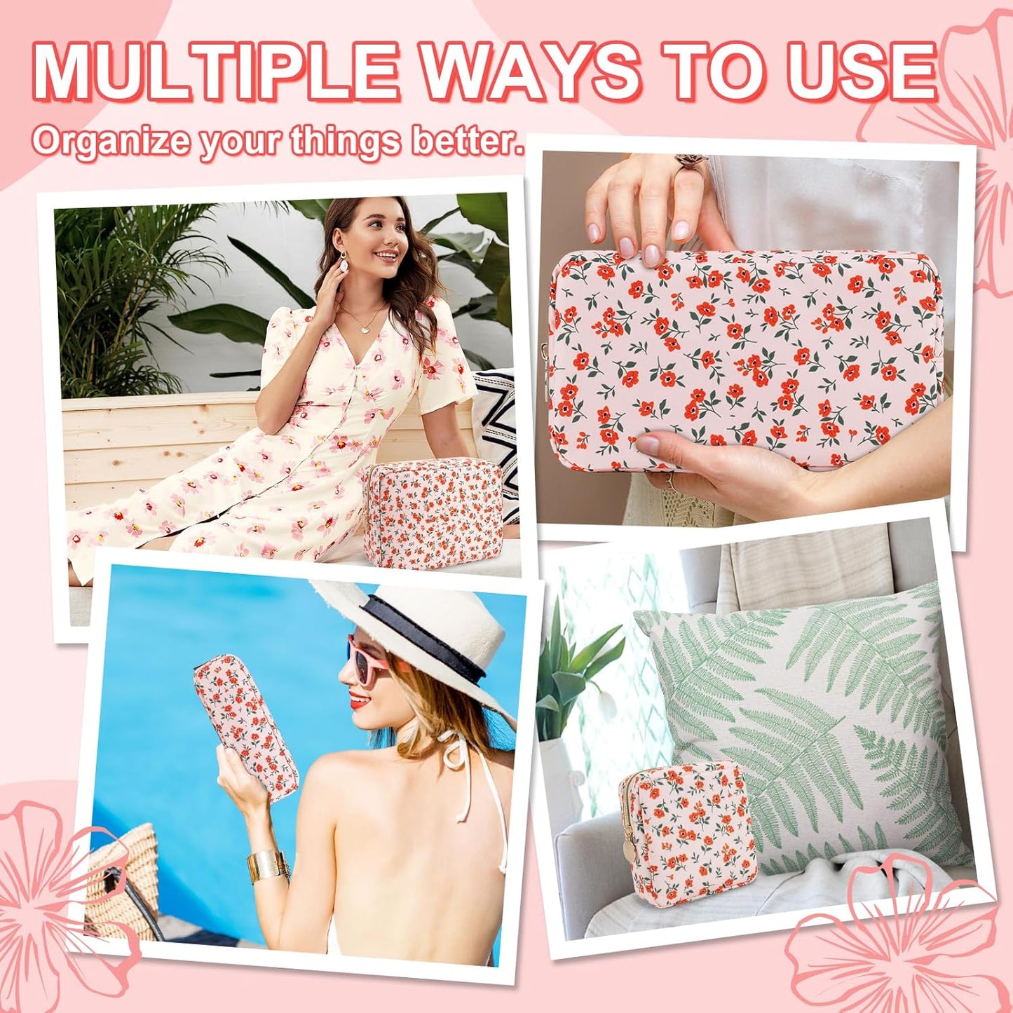 Waterproof Mini Floral Makeup Bag Pouch for Purse,Nylon Flower Cosmetic Travel Bag Small Preppy Toiletry Organizers Bag for Women Girl,Cute Zipper Pouch Coin Purse for Work(Mini Pink-Flowers)