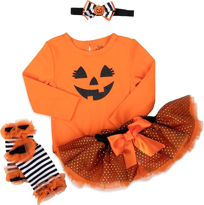 Baby Girl Holiday Outfit 4-Piece Set – Long Sleeve Bodysuit, Pants, Tutu Skirt & Headband – Halloween, Thanksgiving