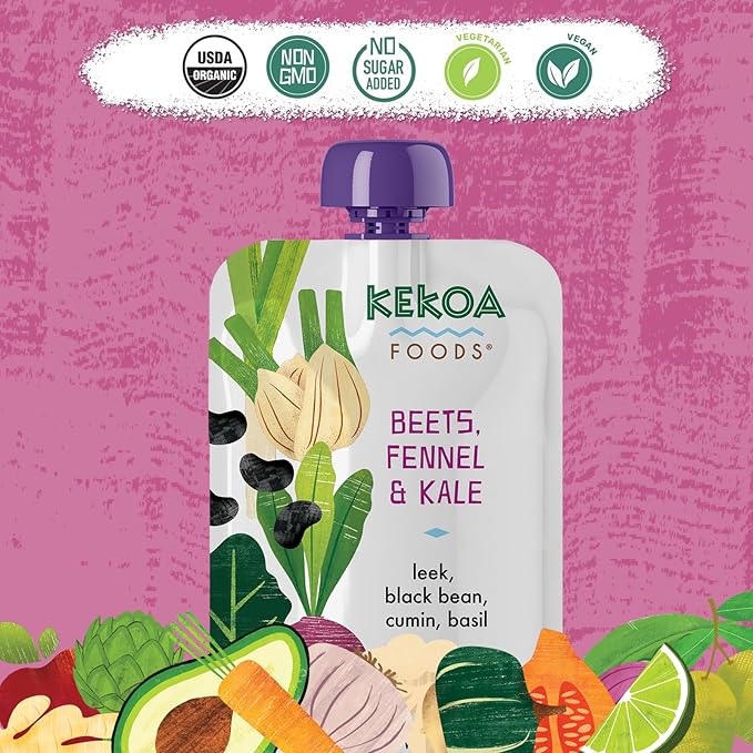 Kekoa Foods Beets, Fennel & Kale Baby Food Purée | 100% USDA Certified-Organic, No Sugar Added | Organic, Non-GMO, Gluten-Free, Vegan | Nutrient-Rich Blend with Leeks & Black Beans | 3.5 oz