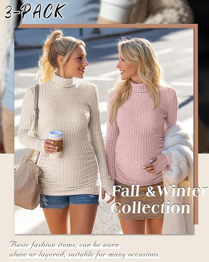 3 Pack Maternity T-Shirts Pregnancy Tops Women Sweater Long Sleeve Turtleneck Ribbed Finger Sleeve Outfits