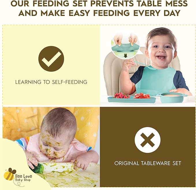 Bee Love Silicone Baby Feeding Set | BPA Free Baby Led Weaning Utensils Set with Suction Plate, Bowl, Adjustable Bib, Baby Spoon and Folk | Toddler Feeding Supplies for 6+ Months (Moody Blue)