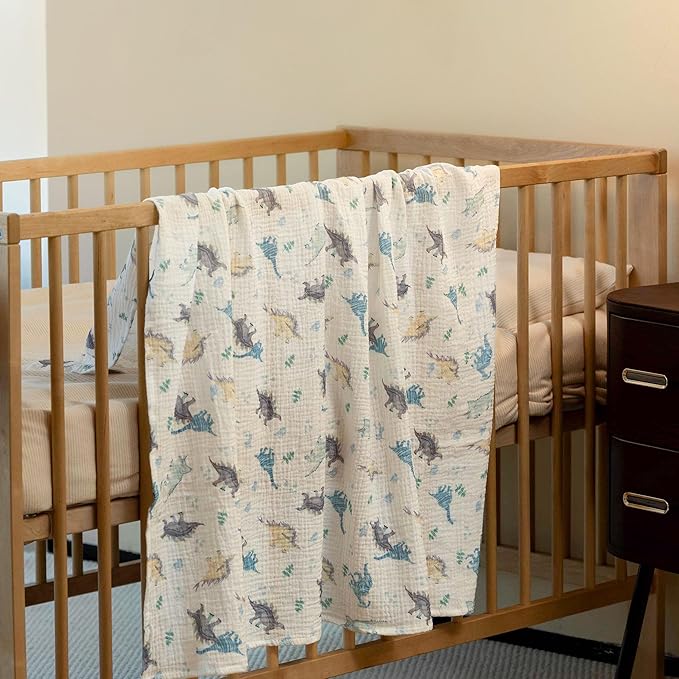 Muslin Swaddle Blankets for Newborn, 3 Pack Breathable Soft Receiving Blanket, Large 38 x 40 inches Swaddle Wrap Burping Clothes Diapers, Essentials Infant Shower Items, Toddler Gift (Blue Dinosaur)