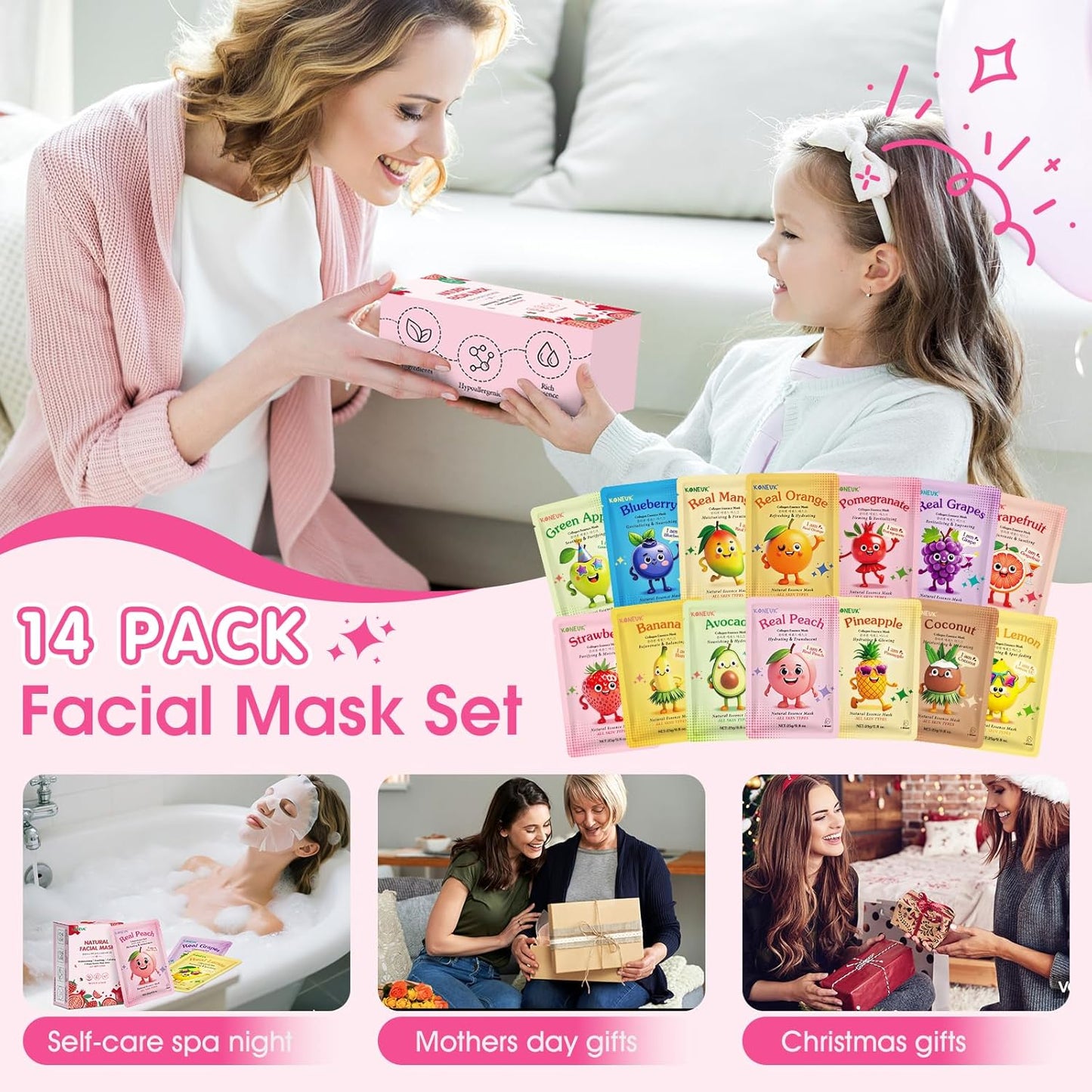 14 Pack Fruit Face Masks Skincare for Kids, Sheet Hydrating Facial Mask for All Skin Types, Bulk Collagen Face Mask for Women Skin Care, Birthday Party Spa Gifts for Teens Girls
