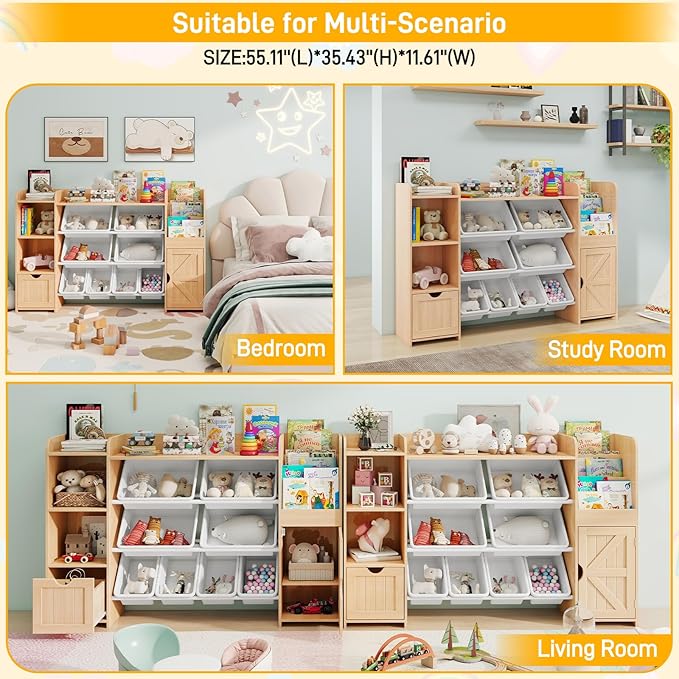 Vabches 55" Large Kids Toy Organizer with 8 Toy Storage Tubs, Storage Boxes and Storage Racks, Tiered Bookshelf and 7 Storage Cubbies, Kids Bookshelf, Playroom Storage and Storage Boxes(Oak)