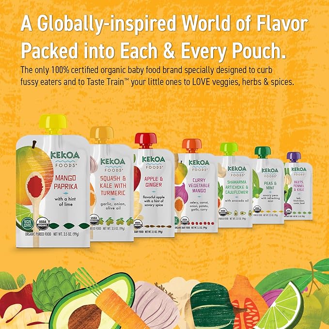 Kekoa Foods Mango Paprika Baby Food Purée | 100% USDA Certified-Organic, No Sugar Added | Organic, Non-GMO, Gluten-Free, Vegan | Sweet Mango with Lime & Mild Paprika | 3.5 oz Squeeze Pouch