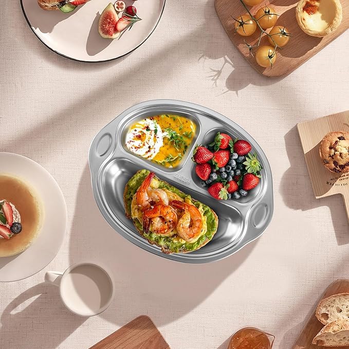 Stainless Steel Baby Suction Plates: Divided Plates for Babies and Toddlers, Made of 100% Food-Grade Materials Ideal for Baby-Led Weaning BPA-Free Toddler Feeding Dishwasher Safe Yellow