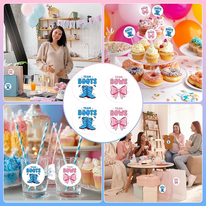 80Pcs Funny Boot and Bow Gender Reveal Stickers Roll, 2 inch Team Boy Team Girl Gender Reveal Labels, Pink and Blue Self-Adhesive Decorative Round Stickers for Birthday Baby Shower Party Supplies