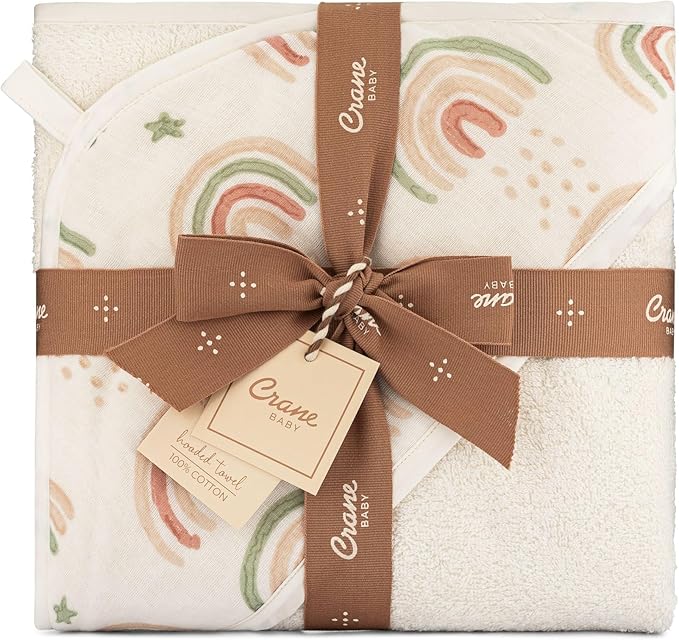 Crane Baby Hooded Towel, 100% Cotton & Terry Cloth Hooded Baby Towels for Boys & Girls, Boho Rainbow, 30" w x 30" h, Hooded Baby Beach Towel, Baby Pool Towel, Baby Bath Towel, Hooded Towels for Baby