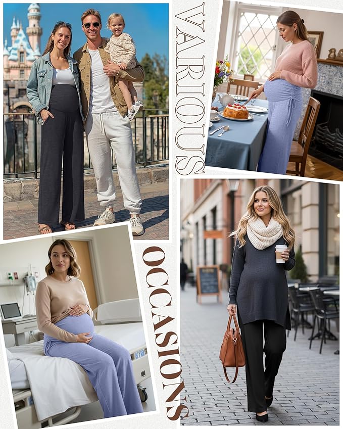 Neer 3 Pack Women's Maternity Pants Over The Belly Loose Pregnancy Pants Stretchy Lounge Wide Leg Trousers with Pockets