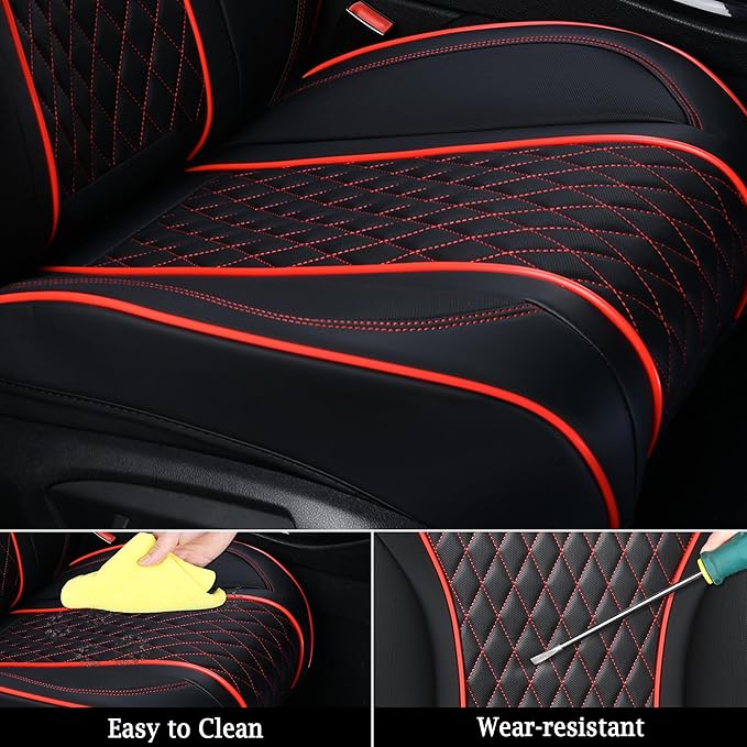 Doogo SeatCovers Full Set, Leather SeatCovers, Waterproof 5 Seats Black and Red Driver SeatCovers, Car Seat Protector Accessories Fit for Most Vehicles