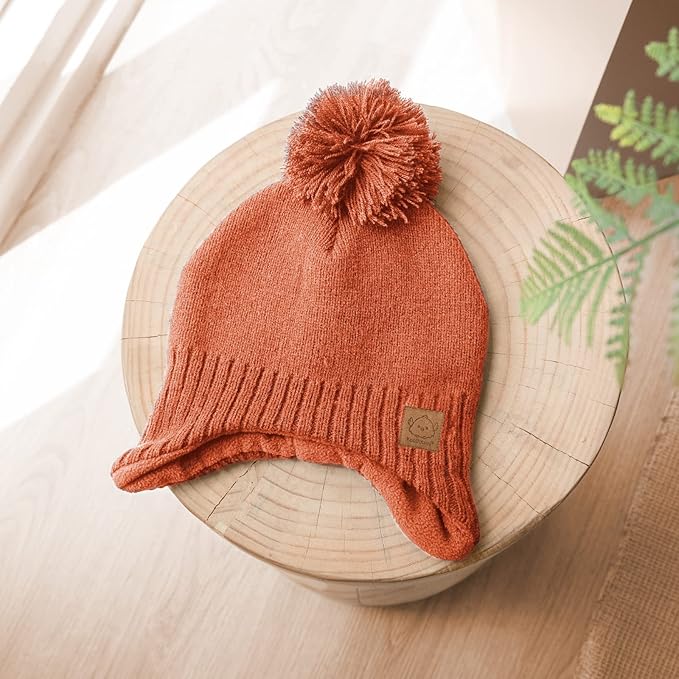 Baby Beanies, Baby Hats for Boys, Girls - Cute Toddler Winter Hat, Soft & Stretchy Beanies for Infant, Newborn 6-36 Months, Cozy & Warm with Earflap Muff & Pom (Clay)