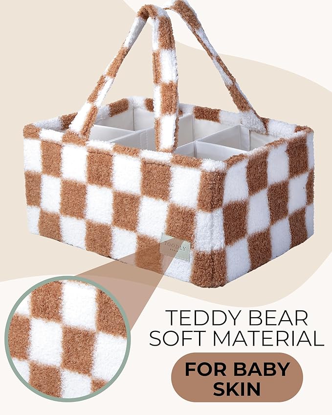 Checkered Diaper Caddy Organizer with Portable Changing Mat - Teddy Fleece Diaper Organizer for Changing Table - Caddy Organizer with Removable Dividers - Light Taupe and White