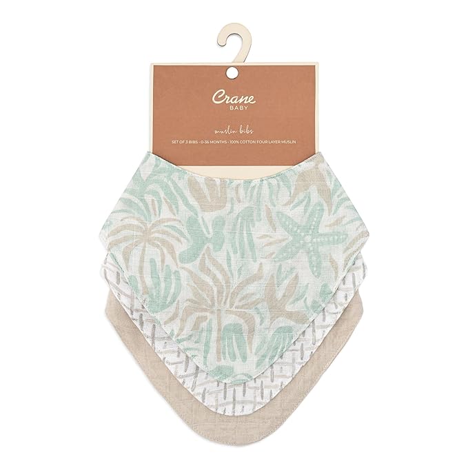 Crane 100% Cotton Newborn Baby Bib Set - 3 Bandana Style Muslin Drool Bibs for Eating Essentials - Set for Baby Boy or Girl