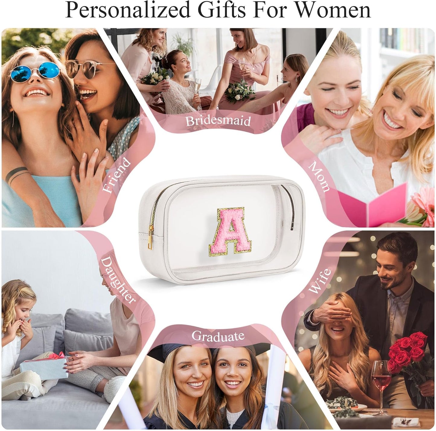 YOOLIFE Initial Make Up Bag Travel Toiletry Bag, Clear Makeup Bag Preppy Stuff Travel Essentials Pink Gifts for Women Teen Girlfriend Teacher Mom Birthday Birthday Gifts for Her Wife White A