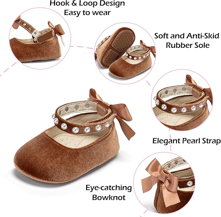 Baby Girls Mary Jane Flats - Infant Newborn Walking Shoes Soft Rubber Sole Princess Wedding