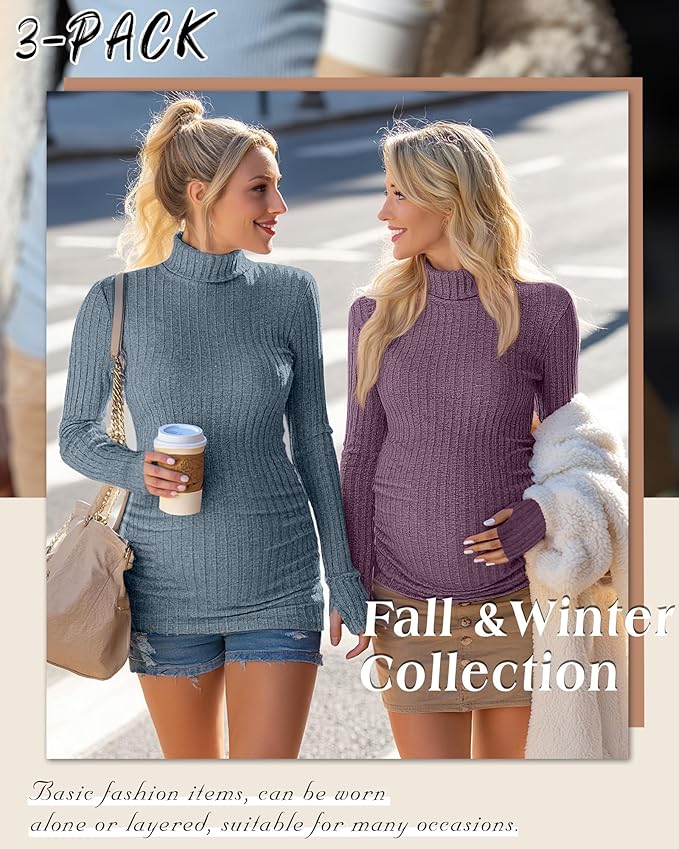 3 Pack Maternity T-Shirts Pregnancy Tops Women Sweater Long Sleeve Turtleneck Ribbed Finger Sleeve Outfits